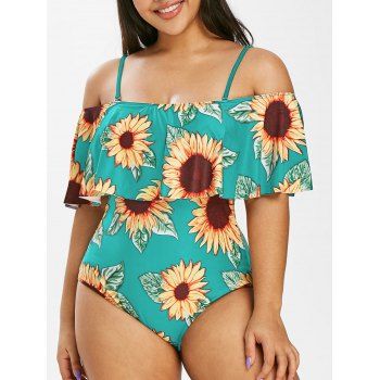 

Plus Size Sunflower Print Ruffled One-piece Swimsuit, Light green