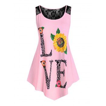 

Plus Size Lace Panel Sunflower Print Tank Top, Light pink