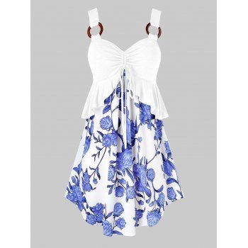 

Plus Size Flower Print Cinched Peplum Curved Tunic Tank Top, White