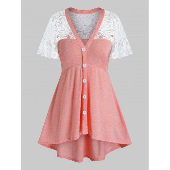

Plus Size Lace Panel Flutter Sleeve Sheer Tunic Tee, Pink