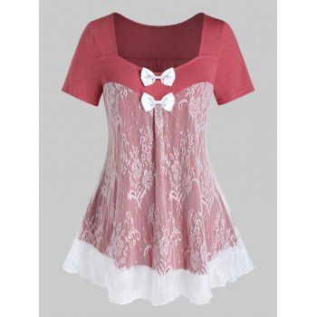 

Plus Size Lace Panel Sheer Bowknot Tunic Tee, Valentine red