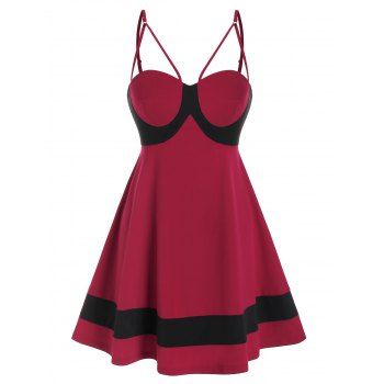 

Spaghetti Strap Contrast Flare Party Dress, Red wine