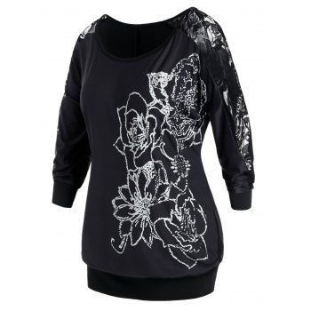 

Plus Size Flower Print Lace Panel Sheer Blouson Tee, Black