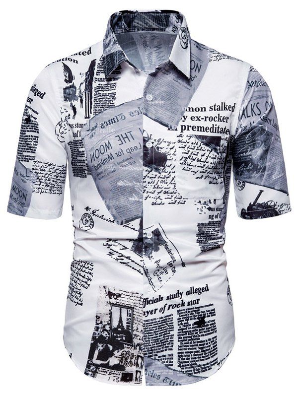 [34% OFF] 2021 Newspaper Graphic Print Button Up Shirt In WHITE | DressLily