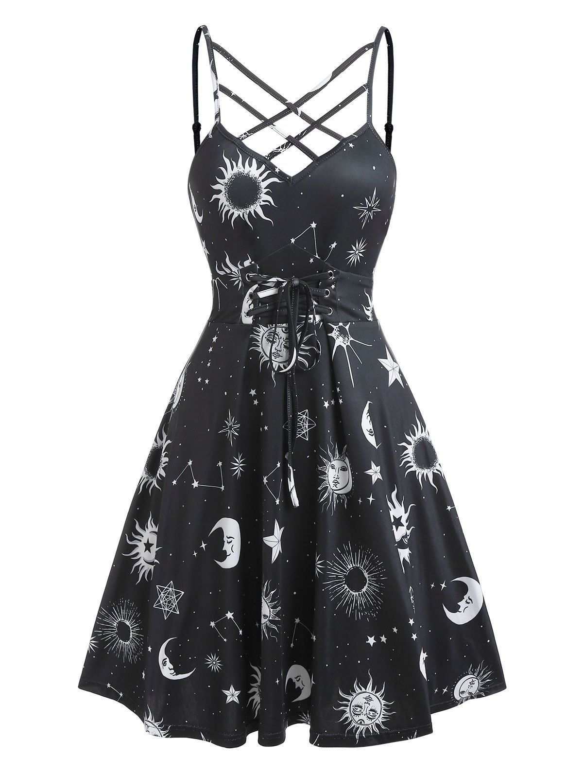 Sun Moon Print Crisscross Dress - BLACK M