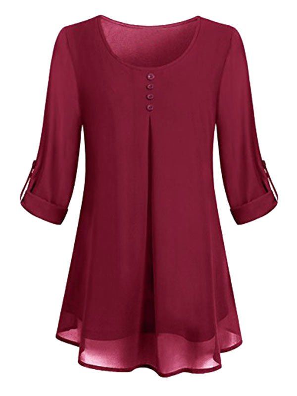 

Plus Size Roll Up Sleeve Lined Blouse, Deep red