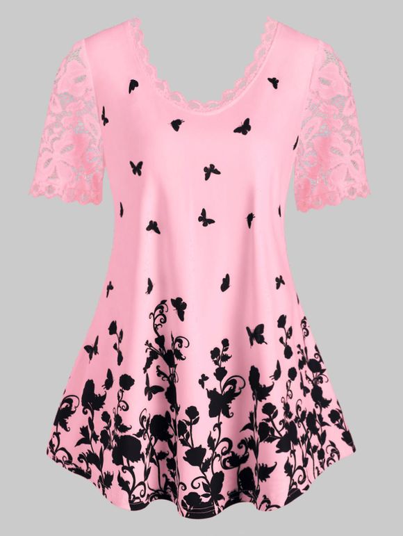 T-shirt Fleuri Papillon Imprimé en Dentelle Insérée de Grande Taille - Rose clair 5X