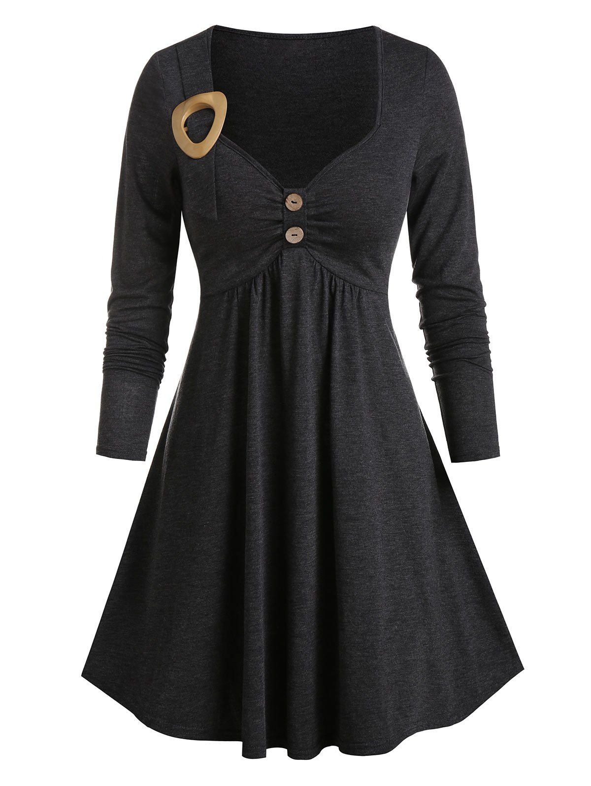 Long Sleeve Buckle Detail Heathered Dress - DARK GRAY M