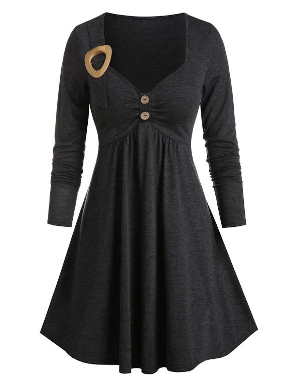 Robe Chinée Bouclée Détaillée à Manches Longues - Gris Foncé M