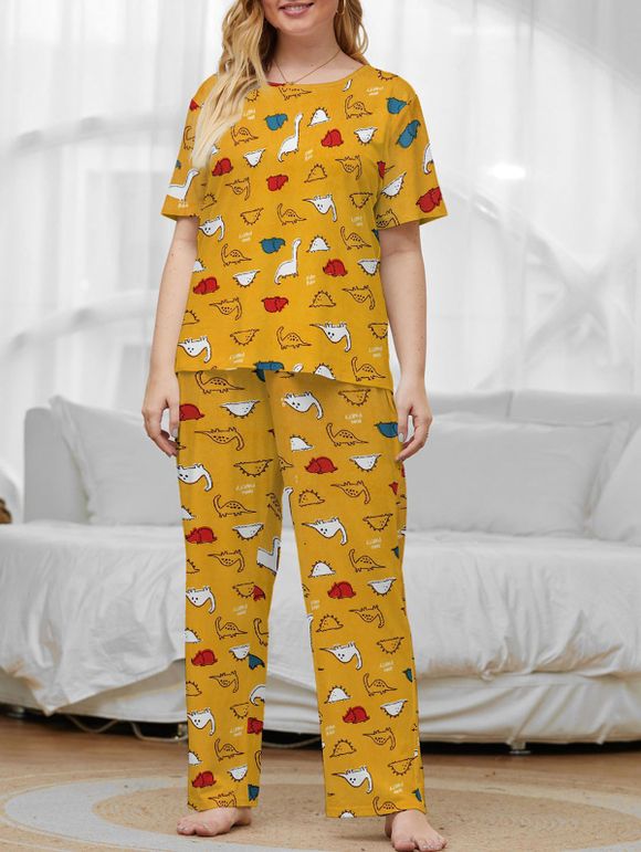 Ensemble Pyjama Dinosaure Amusant Imprimé à Manches Courtes Grande-Taille - Deep Yellow 2XL