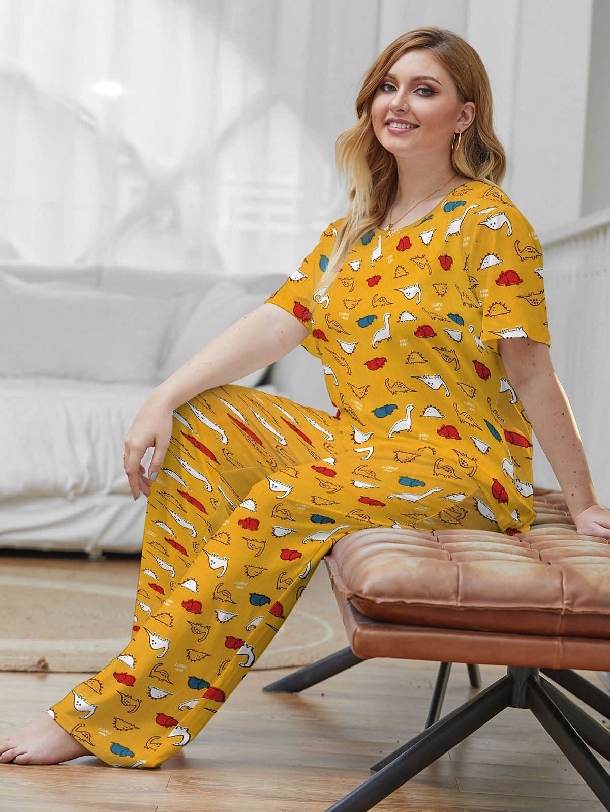 [30% OFF] 2020 Plus Size Funny Dinosaur Print Short Sleeve PJ Set In