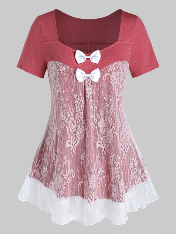 T-shirt Tunique Panneau en Dentelle Transparente de Grande Taille avec Nœud Papillon - Rouge Saint Valentin 4X