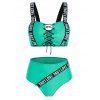 Ensemble de Bikini Matelassé Lettre Imprimée à Lacets - Vert 2XL