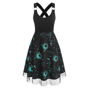 

Sun Moon Star Print Lace Insert Criss Cross Dress, Black