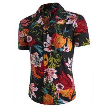 

Flower Print Pocket Beach Shirt, Black