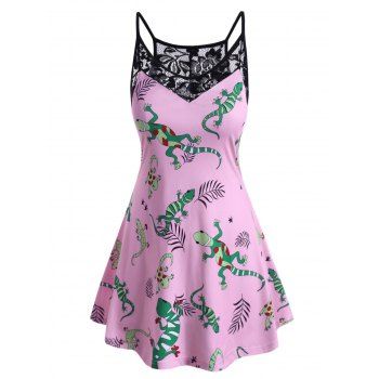 

Plus Size Gecko Print Contrast Lace Tank Top, Light pink