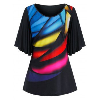 

Plus Size Colorful Pattern Butterfly Sleeve Tee, Black