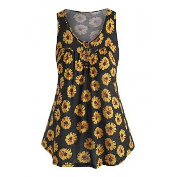 

Plus Size Sunflower Print Curved Tank Top, Black
