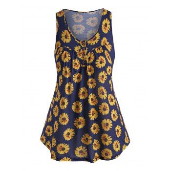 

Plus Size Sunflower Print Curved Tank Top, Deep blue
