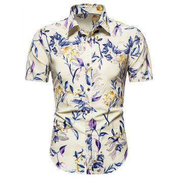 

Short Sleeve Floral Print Button Up Shirt, Cream