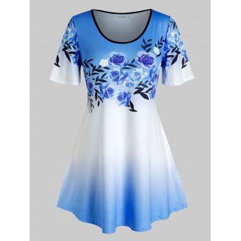 

Plus Size Floral Print Ombre Color T Shirt, Light blue