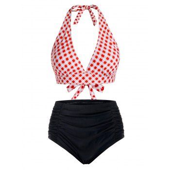 

Plus Size Plaid Halter Tankini Swimsuit, Valentine red
