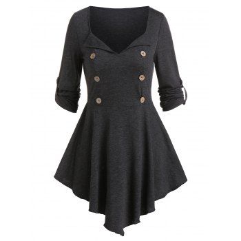 

Mock Button Pointed Hem Heathered T-shirt, Dark slate grey