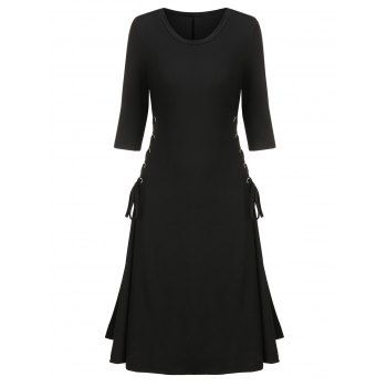 

Side Lace Up A Line Solid Dress, Black