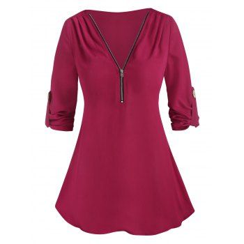 

Cuffed Sleeve Curved Hem Half Zip T-shirt, Red wine