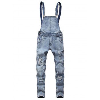 Solid Color Ripped Zip Fly Denim Overalls