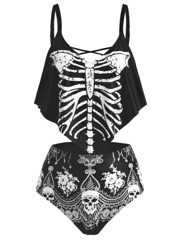 Maillot de Bain Tankini d'Halloween Crâne Squelette à Volants de Grande Taille - Blanc 5X