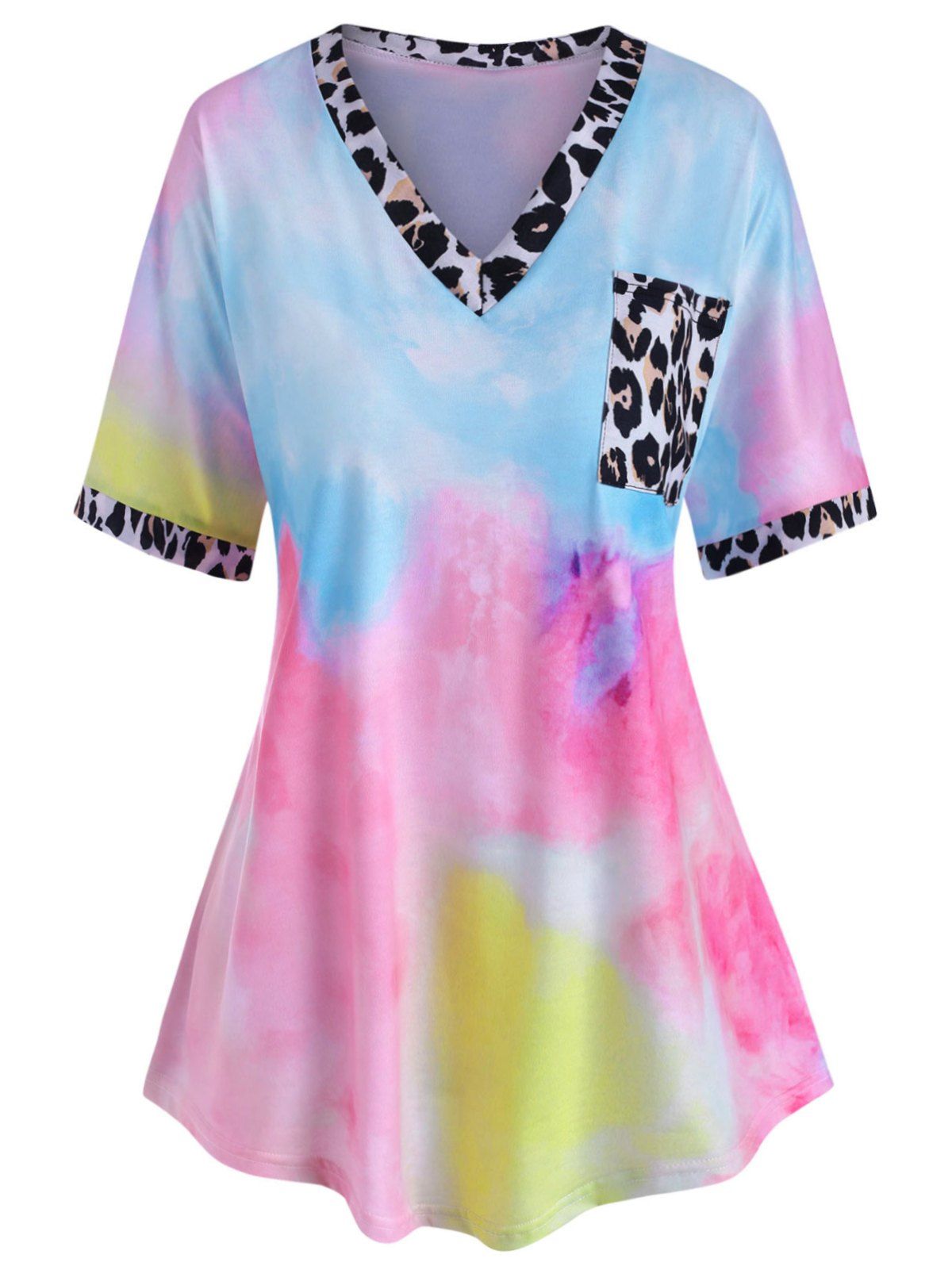 

Tie Dye Leopard Panel Front Pocket Plus Size Tee, Light blue