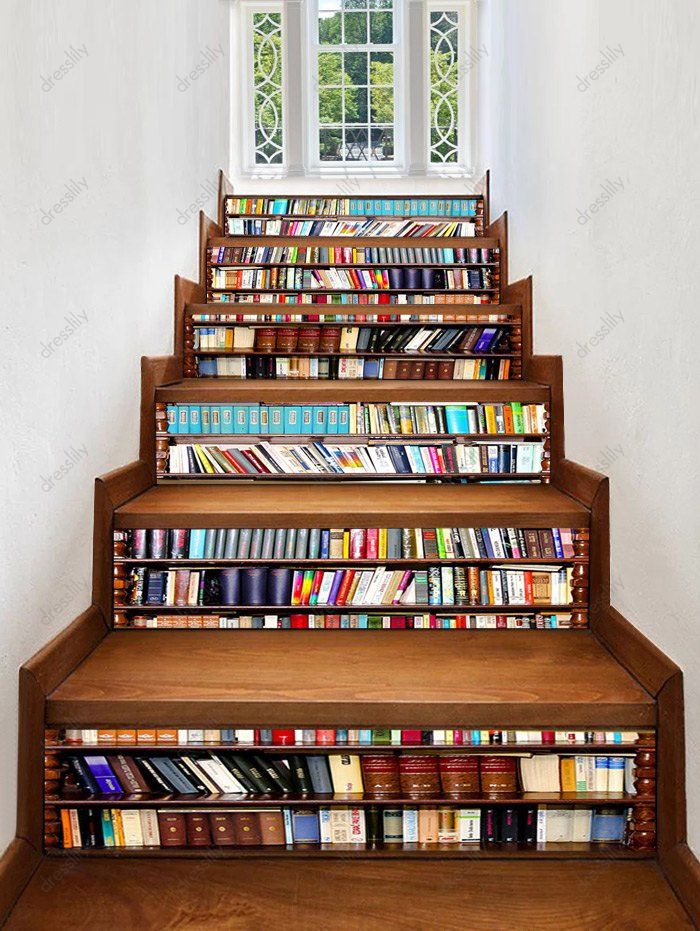 [43 OFF] 2020 Bookcase Print Decorative Stair Stickers In Multicolor