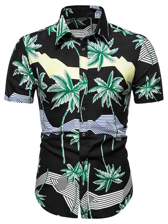 Chemise Hawaïenne Rayée Palmier Imprimé à Manches Courtes - Noir XL
