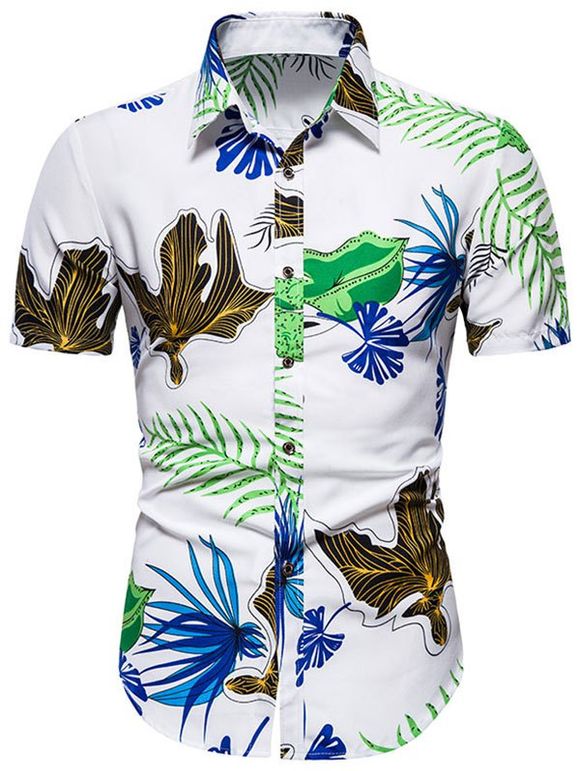 Chemise de Plage Boutonnée Feuille Tropicale Imprimée - Blanc 3XL
