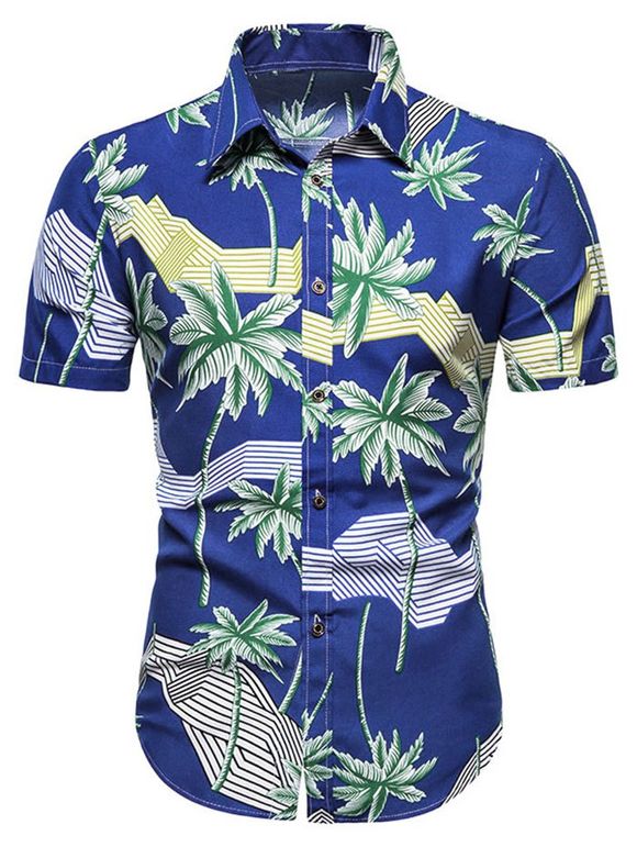 Chemise Hawaïenne Rayée Palmier Imprimé à Manches Courtes - Bleu 3XL