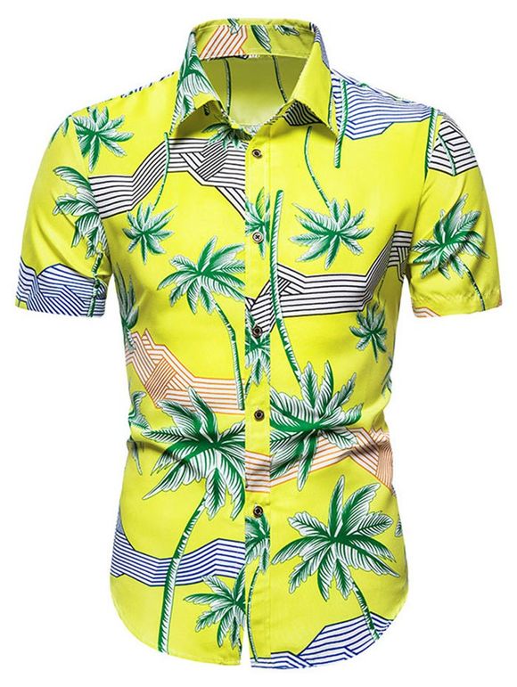 Chemise Hawaïenne Rayée Palmier Imprimé à Manches Courtes - Jaune M