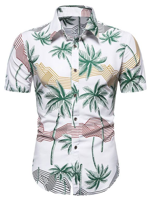 Chemise Hawaïenne Rayée Palmier Imprimé à Manches Courtes - Blanc 2XL