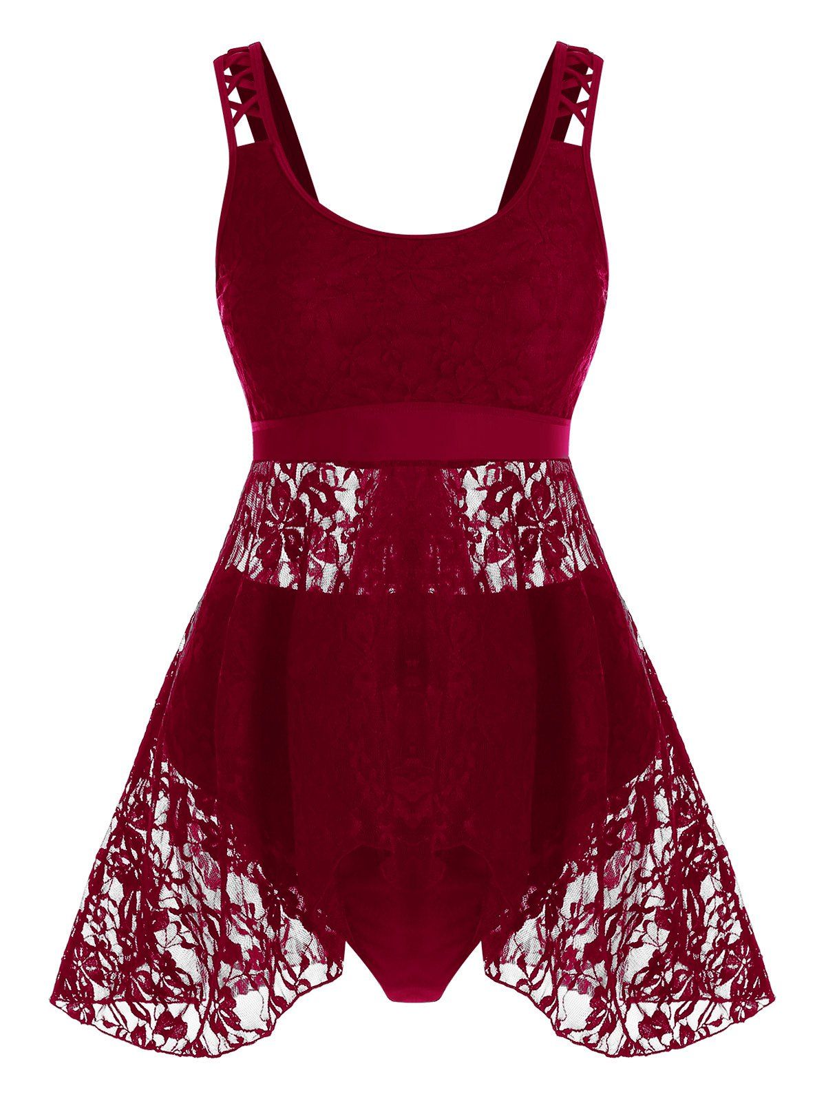 23 Off 2021 Plus Size Lace Overlay Tankini Swimwear In Deep Red