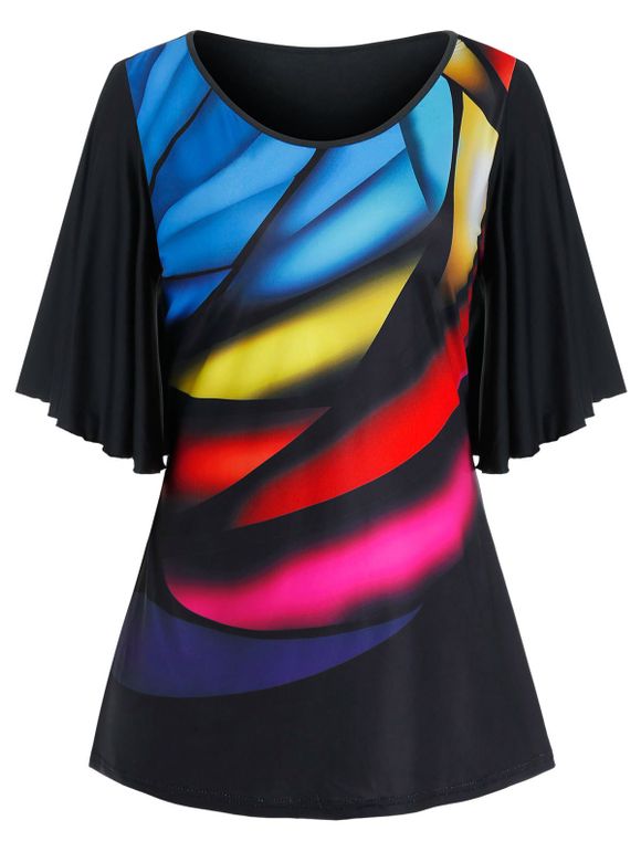 T-shirt à Manches Papillon Coloré Grande Taille - Noir 5X