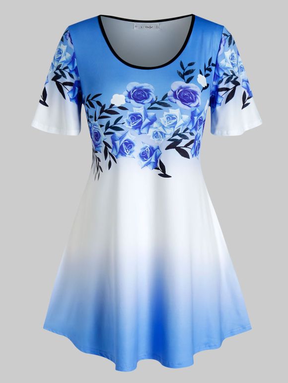 T-shirt en Couleur Ombrée Fleuri Imprimé de Grande Taille - Bleu clair 5X
