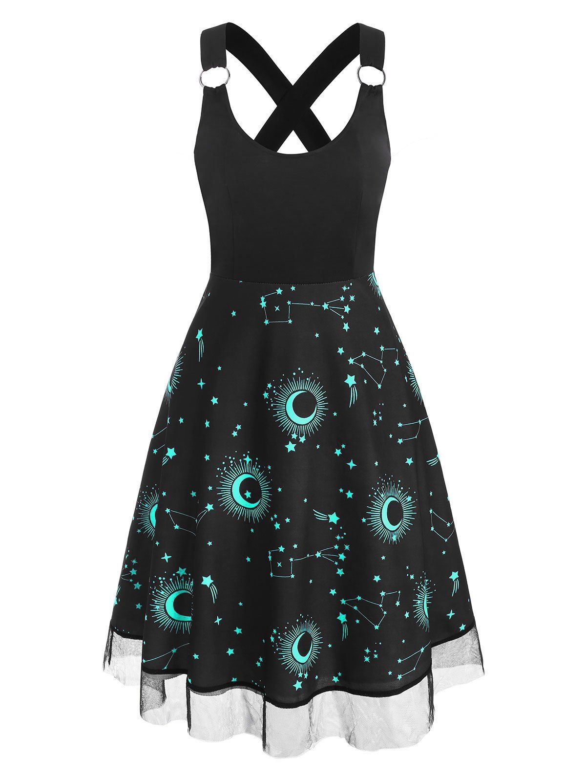 Sun Moon Star Print Lace Insert Criss Cross Dress - BLACK XL