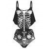 Maillot de Bain Tankini d'Halloween Crâne Squelette à Volants de Grande Taille - Blanc 3X
