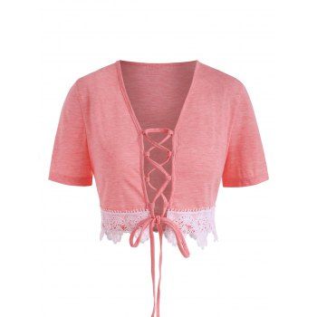 

Plus Size Lace Up Laciness Crop T Shirt, Light pink
