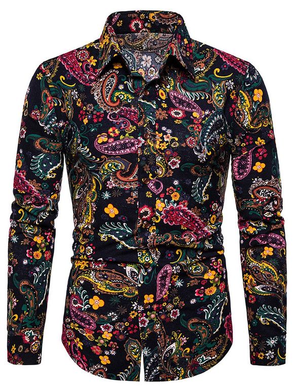 Chemise Boutonnée à Imprimé Cachemire Fleuri en Lin - multicolor XL