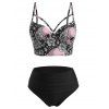 Maillot de Bain Bikini d'Halloween Plissé Crâne Fleuri de Grande Taille à Volants - Noir 4X