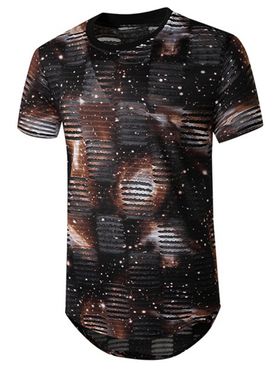 Starry Print Mesh Patch Hole Longline Curved T Shirt