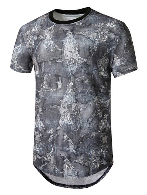 T-shirt Long Courbé Imprimé Jointif en Denim