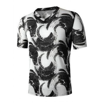 

V Neck Abstract Print Semi See Through T Shirt, Black
