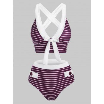 

Striped Mock Button Criss Cross Bowknot Tankini Swimwear, Deep red